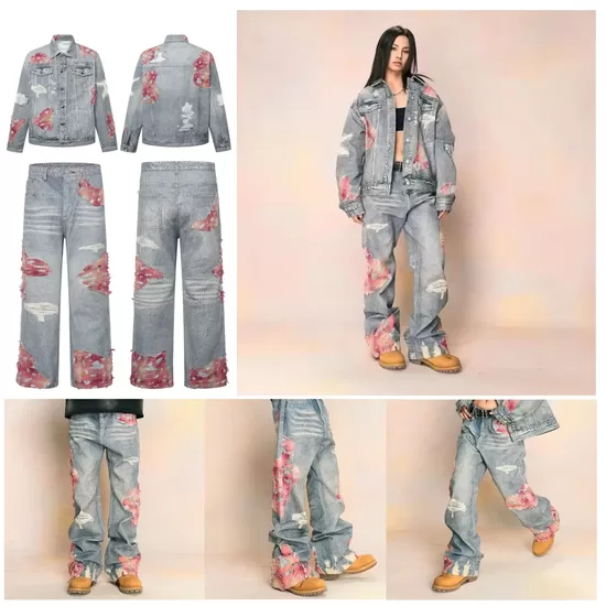 Jeans patchwork vintage avec design de broderie luxueux de style coréen pour hommes et femmes à la mode 