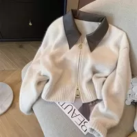 PULL Cardigan zippé double femme automne hiver manches longues vintage col cuir assemblé